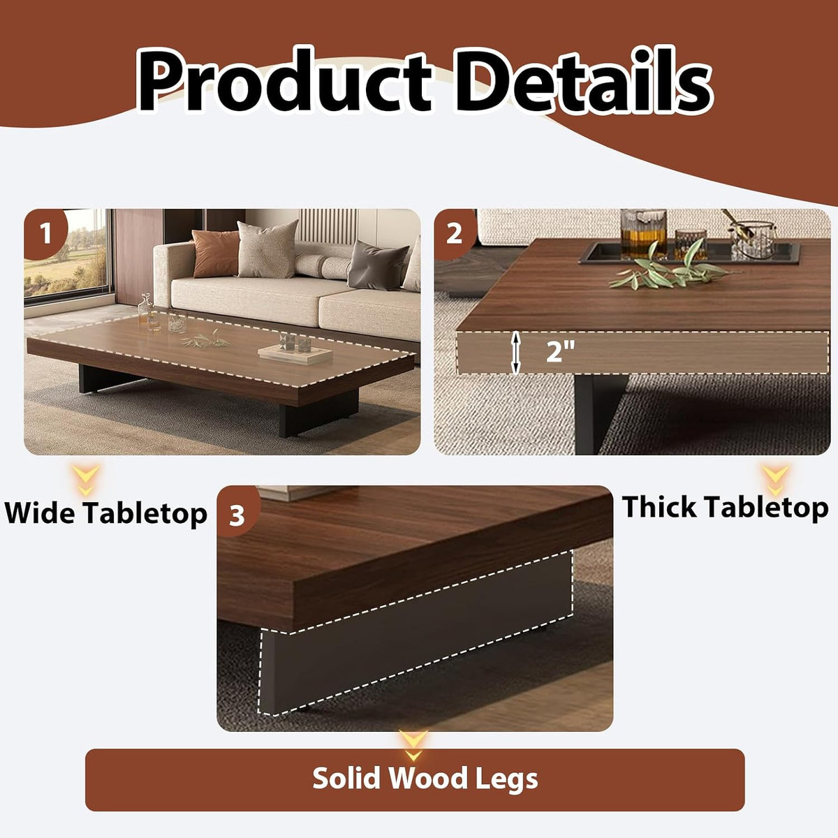 Coffee Table, Solid Wood Farmhouse Coffee Tables with Adjustable Foot Pads, Modern Large Square Center Tables for Living Room Black Square-31.5'x31.5'x 17.7'