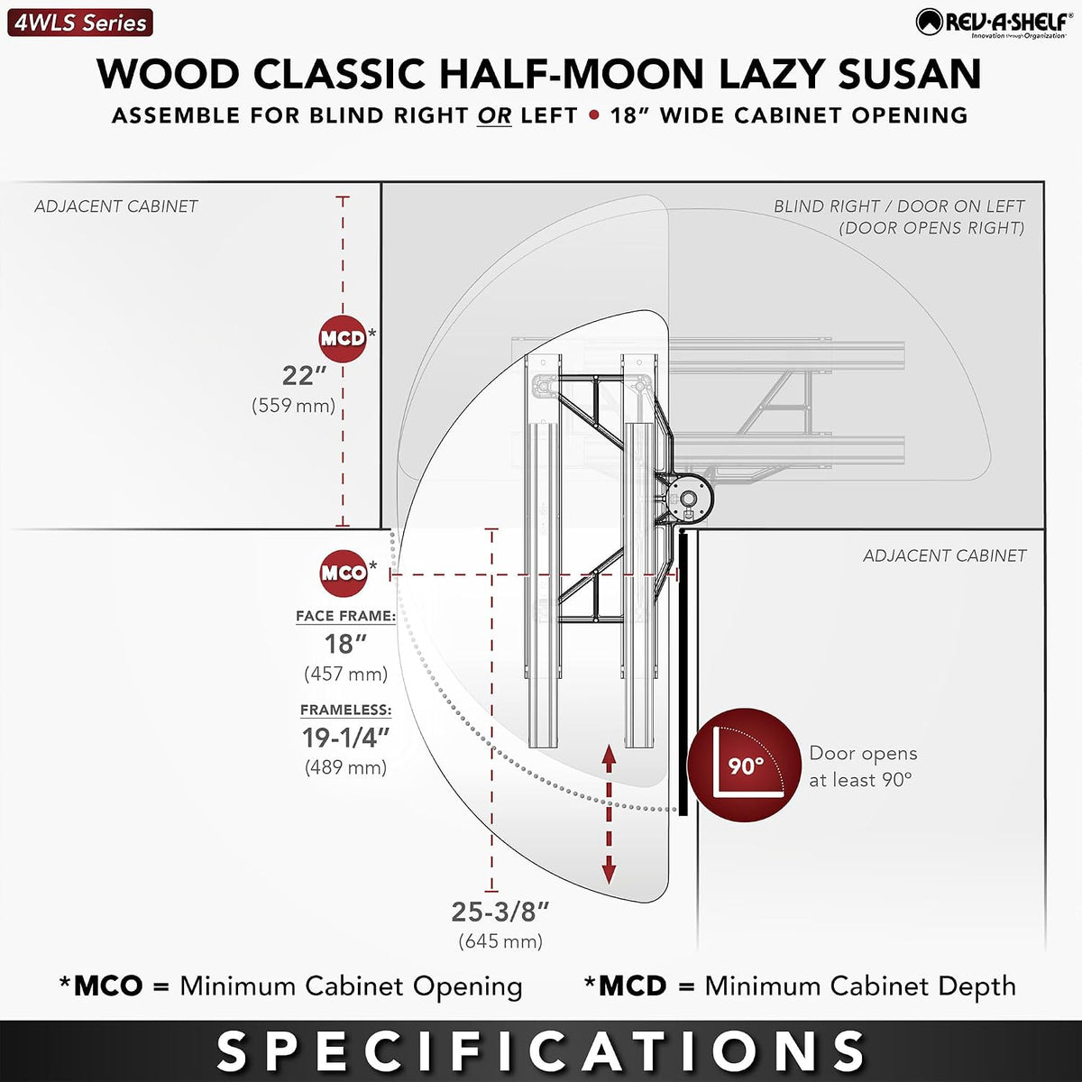 Rev-A-Shelf 38' Dual Shelf Half Moon Lazy Susan Organizer for Diagonal Blind Corner Kitchen Cabinets, Pullout Turntable Trays, Wood, 4WLS882-38-570