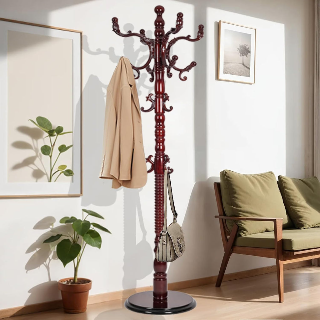 73 in Wood Coat Rack, Coat Rack Freestanding with Stable Round Base, Adjustable Height Tree Coat Racks Stand for Home Bedroom Office Hallway Entryway (Redwood)
