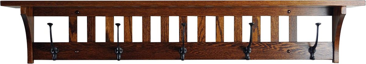 Rustic Red Door Co. Mission Style Coat Rack Wall Mounted with Shelf, Entryway Wooden Hanger with 5 Wrought Iron Hooks for Jacket, Towel or Hat, Farmhouse Decor, 51.5' Oak Wood, Michaels Stain