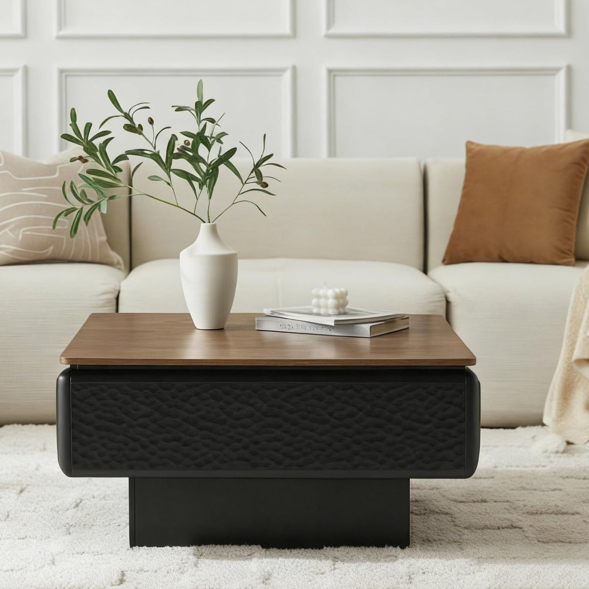 31.5' Lift Top Coffee Tables for Living Room,Mid Century Modern Square Coffee Table with Hidden Storage, Wood Center Tea Table with Stable Honeycomb Pattern Base for Apartment Small Space,Black