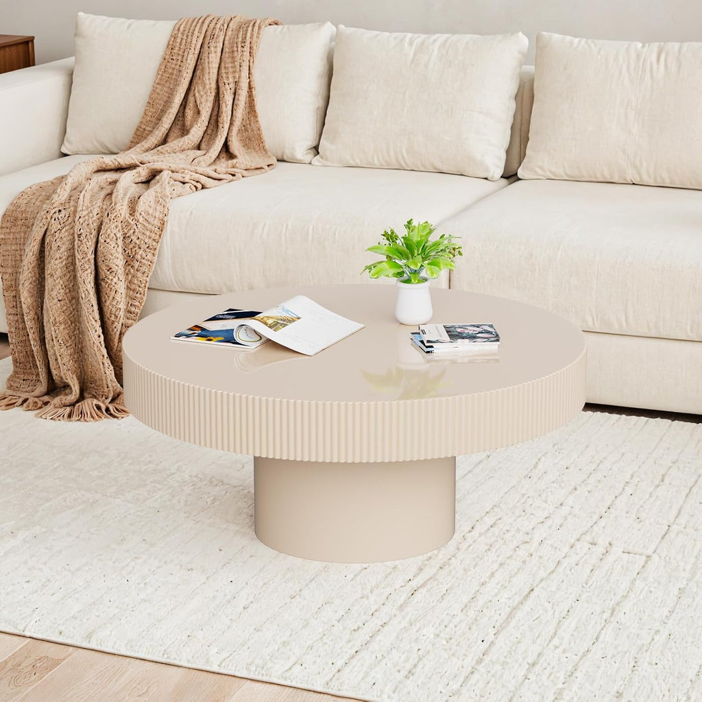 Cream Rustic Drum Round Coffee Table Modern Circle Center Table Circular Vintage Fluted Coffee Tables with Stable Pedestal, for Living Room Bedroom Farmhouse Office (P31.49IN)