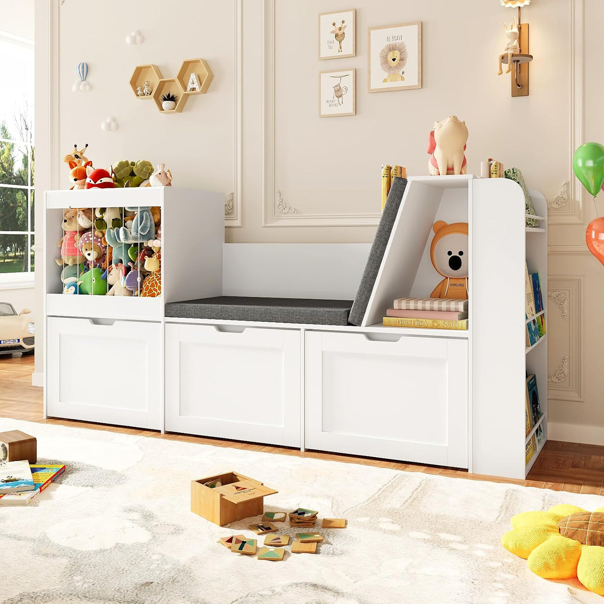 66.9' Kids Reading Nook, Toy Storage Organizer with Stuffed Animal Storage, Bench and Removable Cushions, Wooden Toddler Bookshelf with 3 Movable Drawers for Nursery, Playroom (White)
