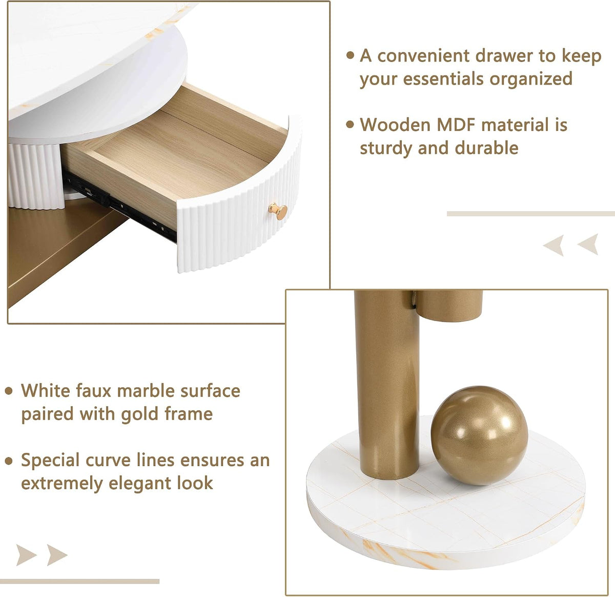 Oval Nesting Coffee Table Set of 2 Faux Marble Golden Round End Table Modern Living Room Table Large 47Inch Coffee Table with Storage Drawer, White