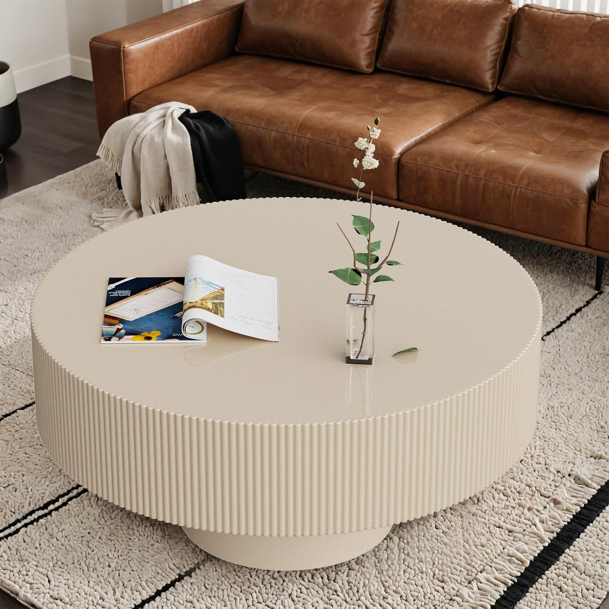Round Fluted Coffee Table Modern Handcraft Drum Chipboard Wood Center Table, Unique Mid Century Aesthetic Low Coffee Table, for Living Room, Apartment,B