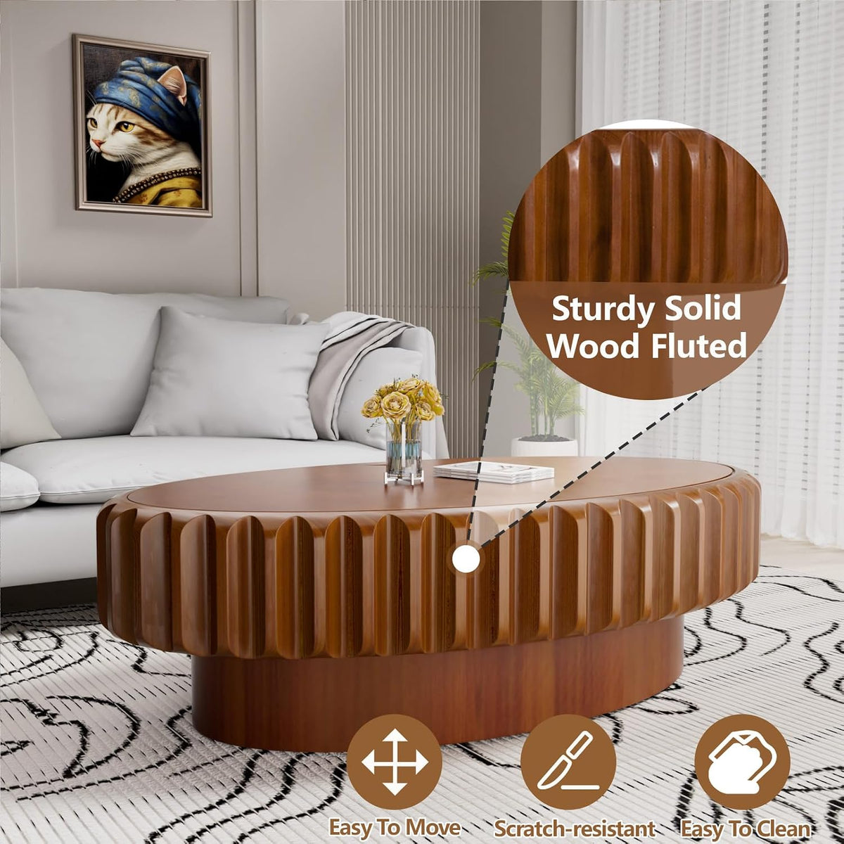 43.3'' Oval Coffee Table with Storage Drum Coffee Tables with Solid Wood Fluted, Modern Wooden Accent Center Table for Living Room, Apartment, Home, Office - Brown (Brown 43.3')