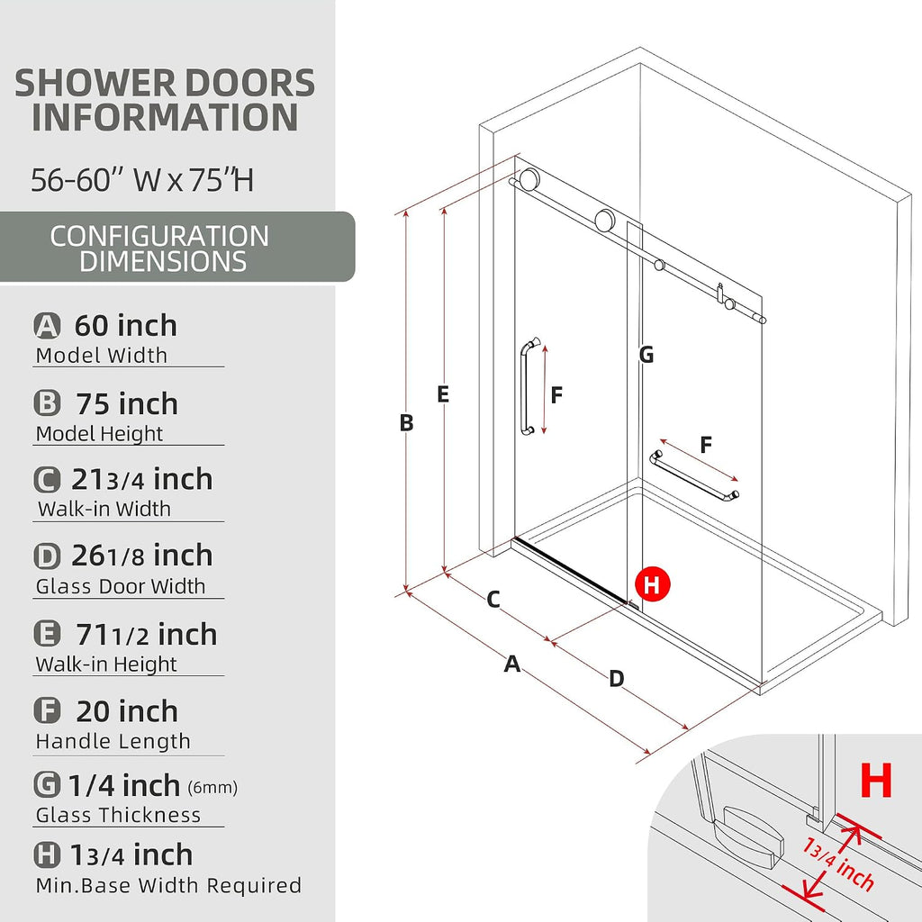 Frameless Shower Door 56-60' W x 75' H Single Sliding Shower Glass Doors for Walk-in Bathroom 1/4' Clear Easy Clean Glass Extra Tall Modern Bathroom Doors in Brushed Nickel