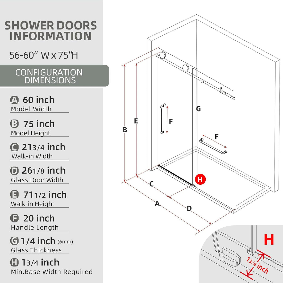 Frameless Shower Door 56-60' W x 75' H Single Sliding Shower Glass Doors for Walk-in Bathroom 1/4' Clear Easy Clean Glass Extra Tall Modern Bathroom Doors in Brushed Nickel