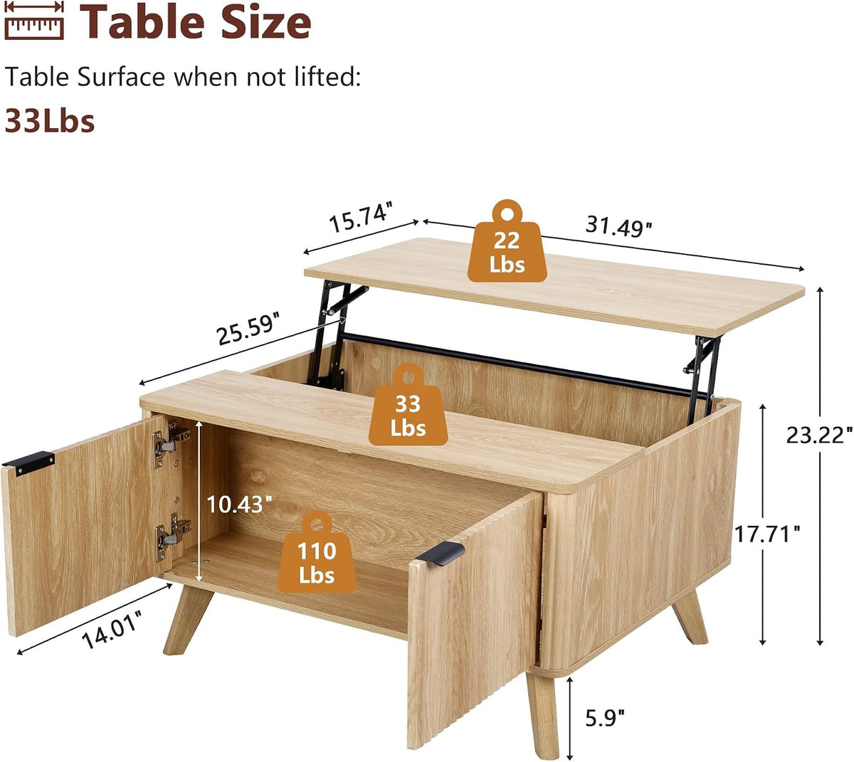 Fluted Lift Top Coffee Table with Large Hidden Compartment, 31.5' Wooden Center Table with Storage, Mid Century Modern Lift Tabletop Coffee Tables for Living Room Home Office, Natural