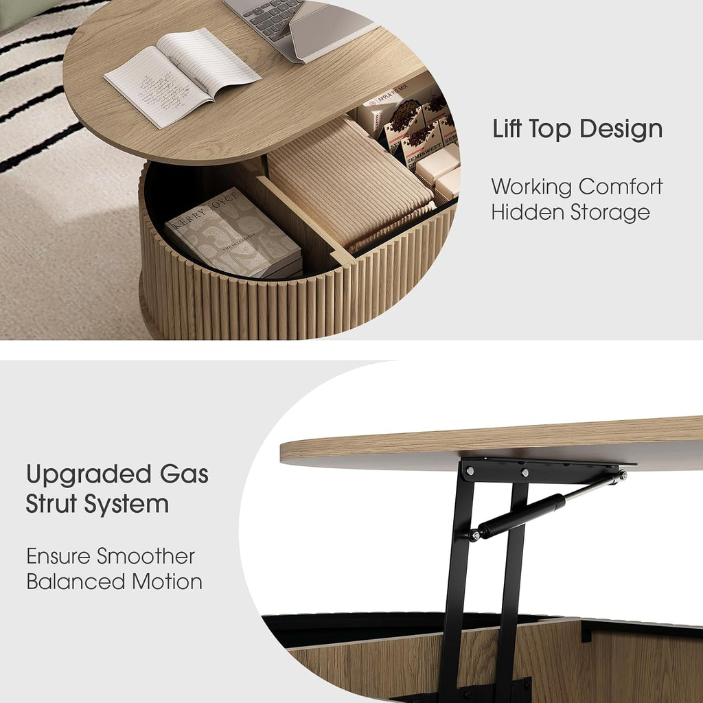 Jiansu furni Lift Top Coffee Table with Storage,42.5' Oval Coffee Table with Hidden Compartment & Solid Wood Legs,Modern Fluted Center Table for Living Room,Home Office,Oak