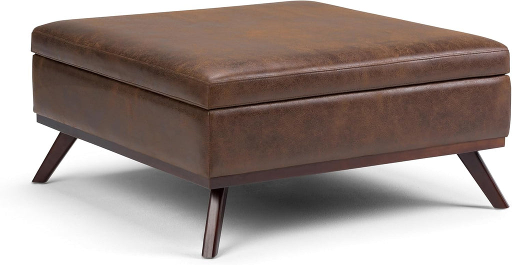 SIMPLIHOME Owen Square Coffee Table Storage Ottoman - 36 inch Wide Upholstered Vegan Leather Lift-Top Ottoman in Distressed Chestnut Brown, Mid-Century Ottoman for Living Room with Tufted Detail