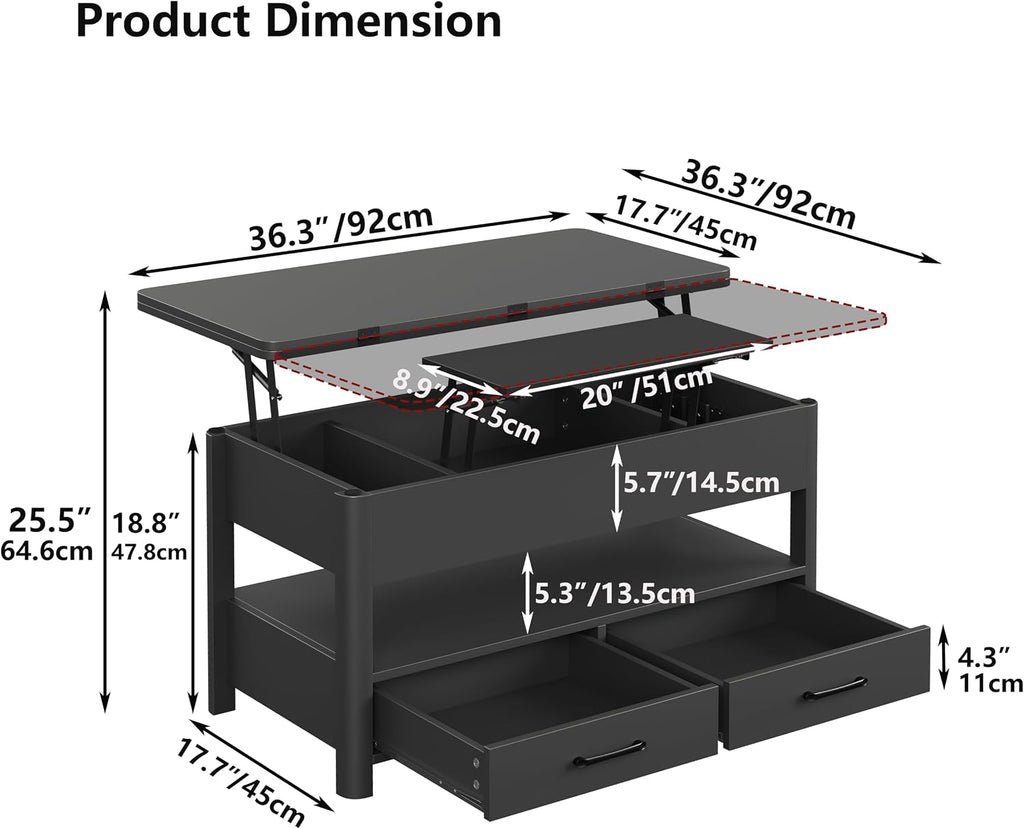 Lift Top Coffee Table, Converts to Dining Table for Living Room, Home Office, 4 in 1 Coffee Table with Storage, Center Table with Drawers and Hidden Compartment, Black