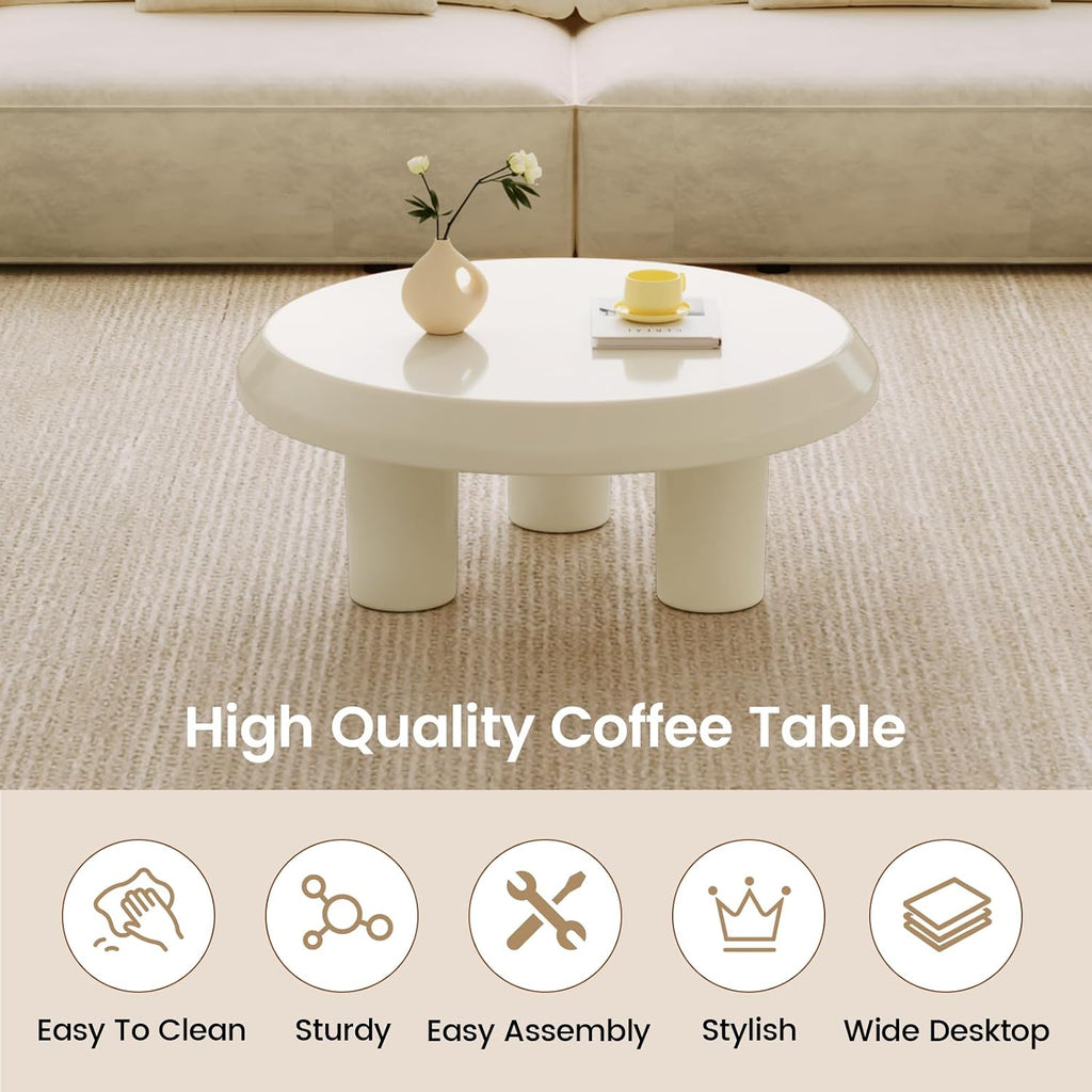 31.49' Round Coffee Table, Circle Coffee Tabels with 3 Legs for Living Room, Modern Circular Center Table for Sofa, White Mddern Tea Table for Bedroom, Easy Assembly
