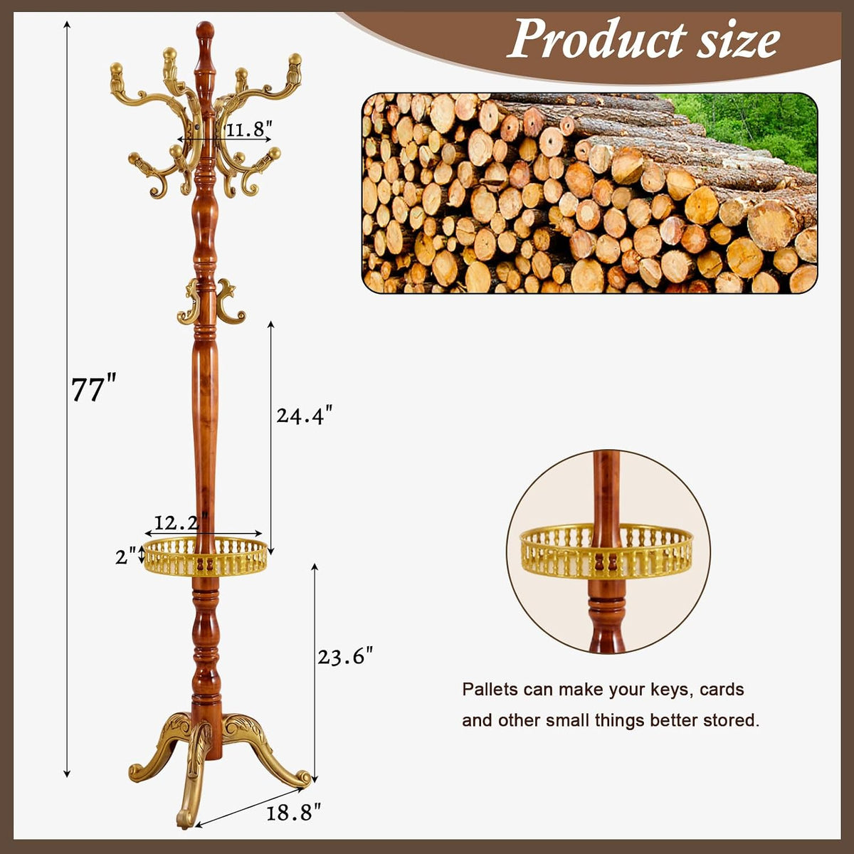 Wooden Coat Rack Freestanding, Vintage Coat Racks with Sturdy Round Base, Adjustable Height 37.40'-72.83' Entrance Coat Rack for Bedroom Living Room Entryway (Begonia Upgraded version)