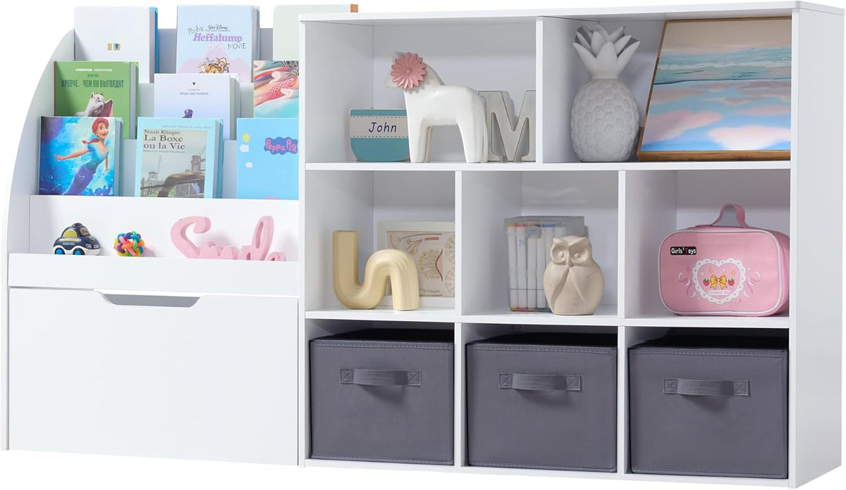 Kids Bookshelf and Toy Storage, 58.5'' Toy Storage Organizer with Movable Chests & 3 Storage Bins, Large Kids Reading Nook Toy Organizers and Storage with 5 Cubbies for Playroom, Bedroom, White
