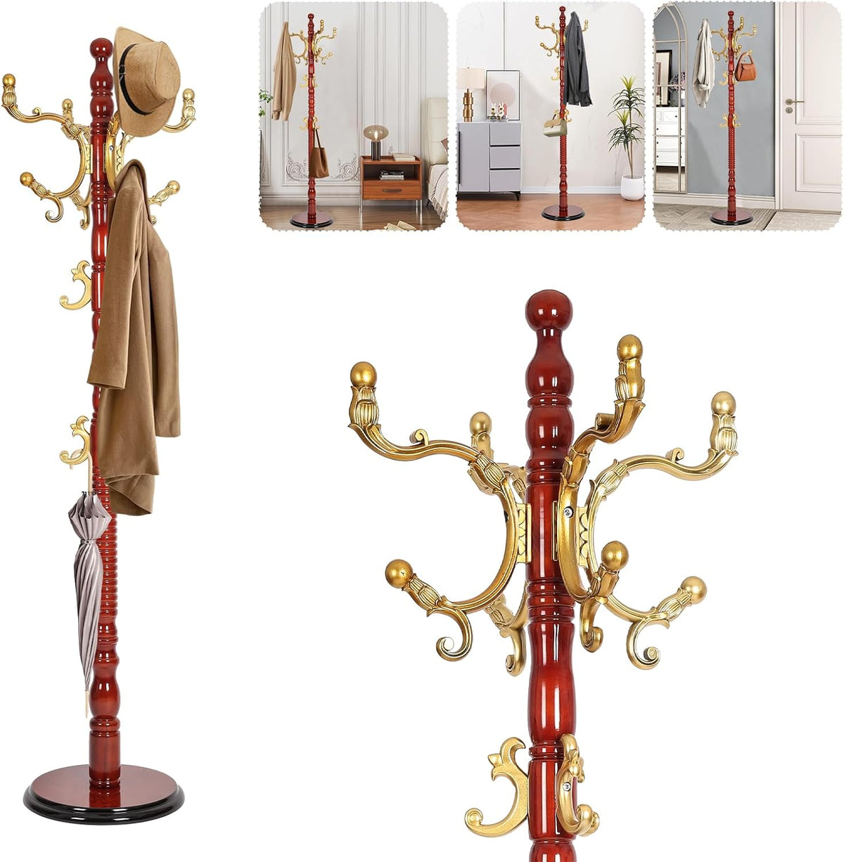 Solid Wood Coat Rack – 73' Freestanding Coat Racks Stand with 14 Hooks & Stable Base, Adjustable Height Modern Wooden Hall Tree for Entryway, Bedroom, Office, Home (Begonia Round)