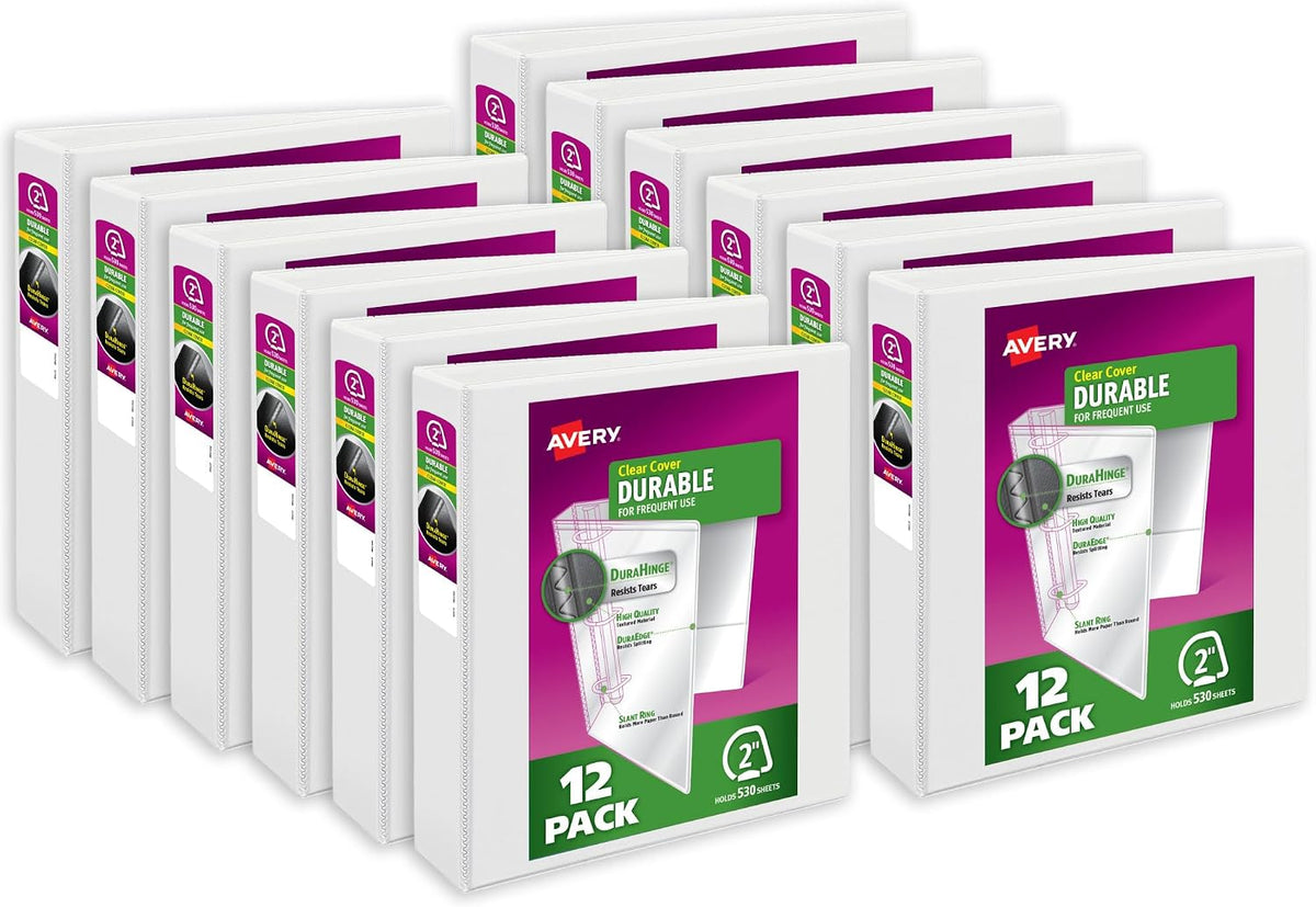 Avery Durable View 3 Ring Binders, 2' One Touch Slant Rings, 530 Sheet Capacity, 2.8' Wide Spine, Holds 8-1/2' x 11' Paper, Great for School Office Organization with Pockets, White (12-Pack of 17032)