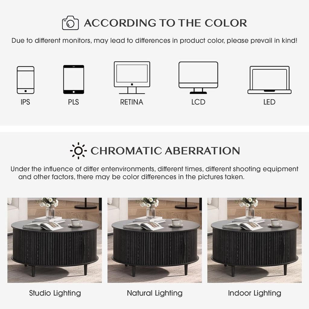 SULIVES Black Round Coffee Table with Storage, 31.5' Wood Drum Table, Fluted Circle Center Table for Living Room, Modern Mid Century Furniture with Sliding Door