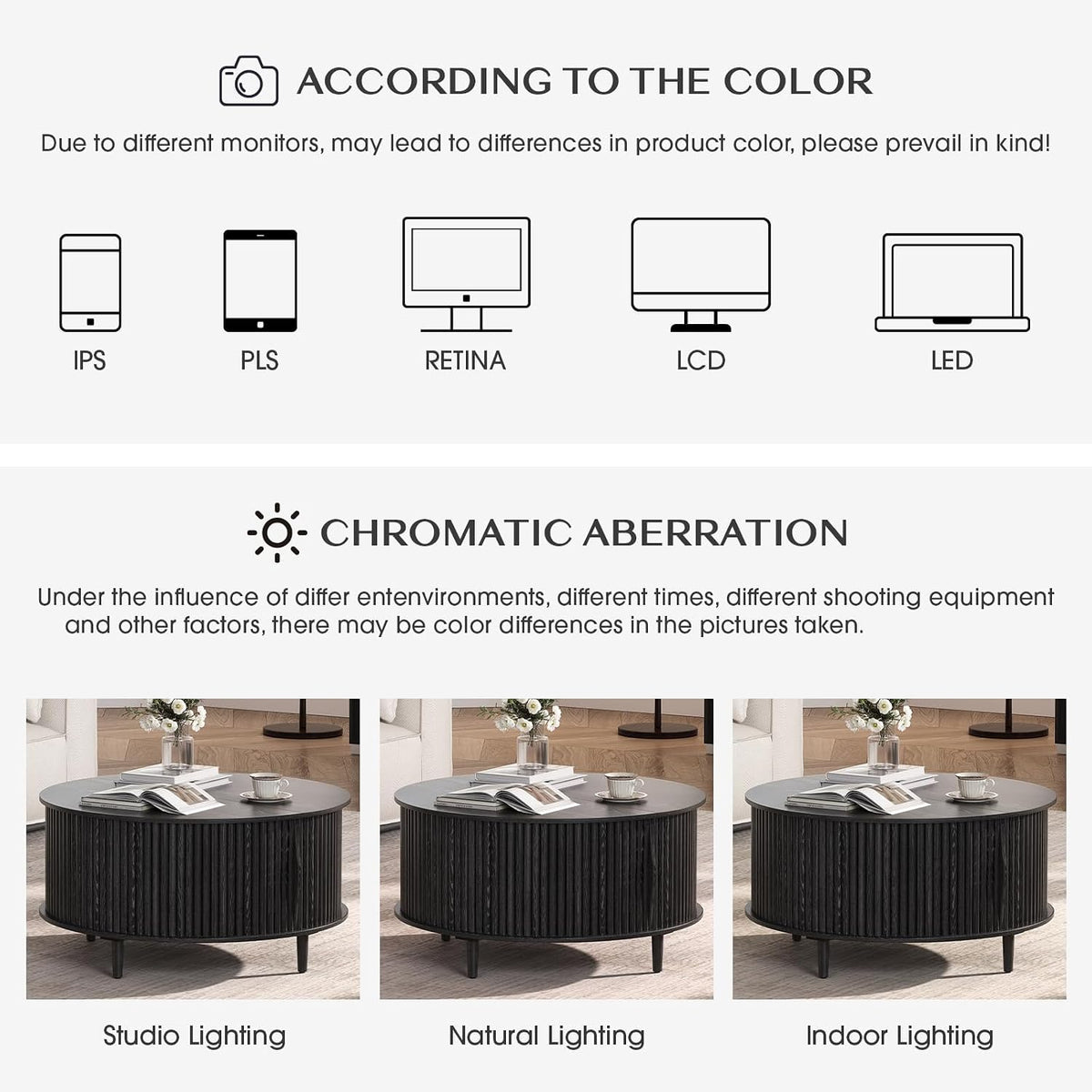 SULIVES Black Round Coffee Table with Storage, 31.5' Wood Drum Table, Fluted Circle Center Table for Living Room, Modern Mid Century Furniture with Sliding Door