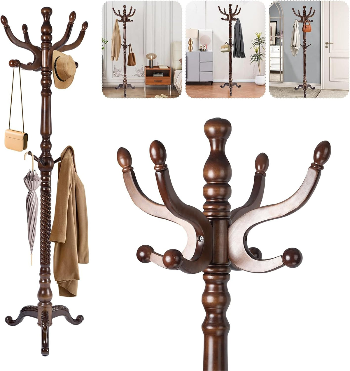 Solid Wood Coat Rack – 74.8' Freestanding Coat Racks Stand with 11 Hooks & Stable Base, Adjustable Height Modern Wooden Hall Tree for Entryway, Bedroom, Office, Home (Walnut Triangle)