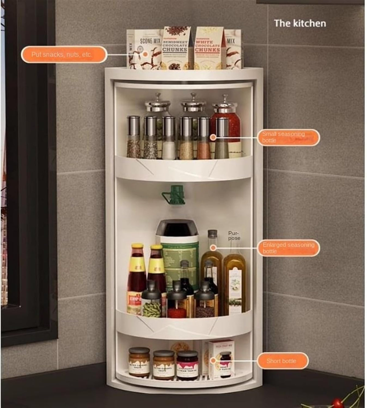 Corner Shelf for Home Rotate Corner Shelf 3 Tier Bathroom Counter Organizer Plastic Countertop Corner Shelves for Bathroom Kitchen Office Corner Shelves Display Shelf, 26*60cm, White