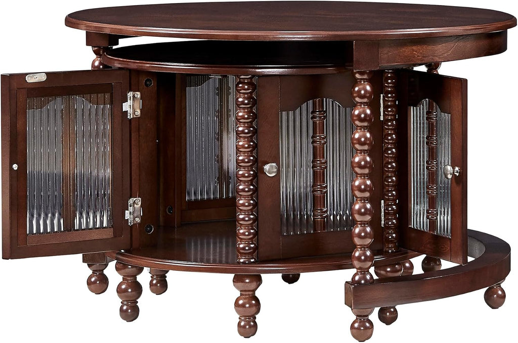 31.5' Walnut Nesting Coffee Table Set of 2, Vintage Round Coffee Table for Living Room with Storage Retro Beaded Leg End Side Table for Bedroom