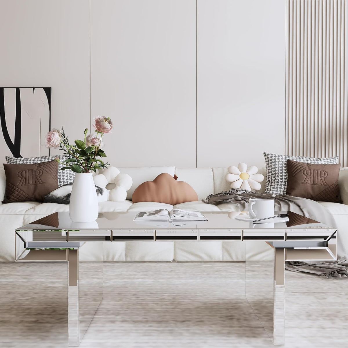 Modern Mirrored Coffee Table for Living Room Luxury Fluted Mirror Cocktail Center Table with Silver Finish 47' Rectangular Coffee Table for Home Office