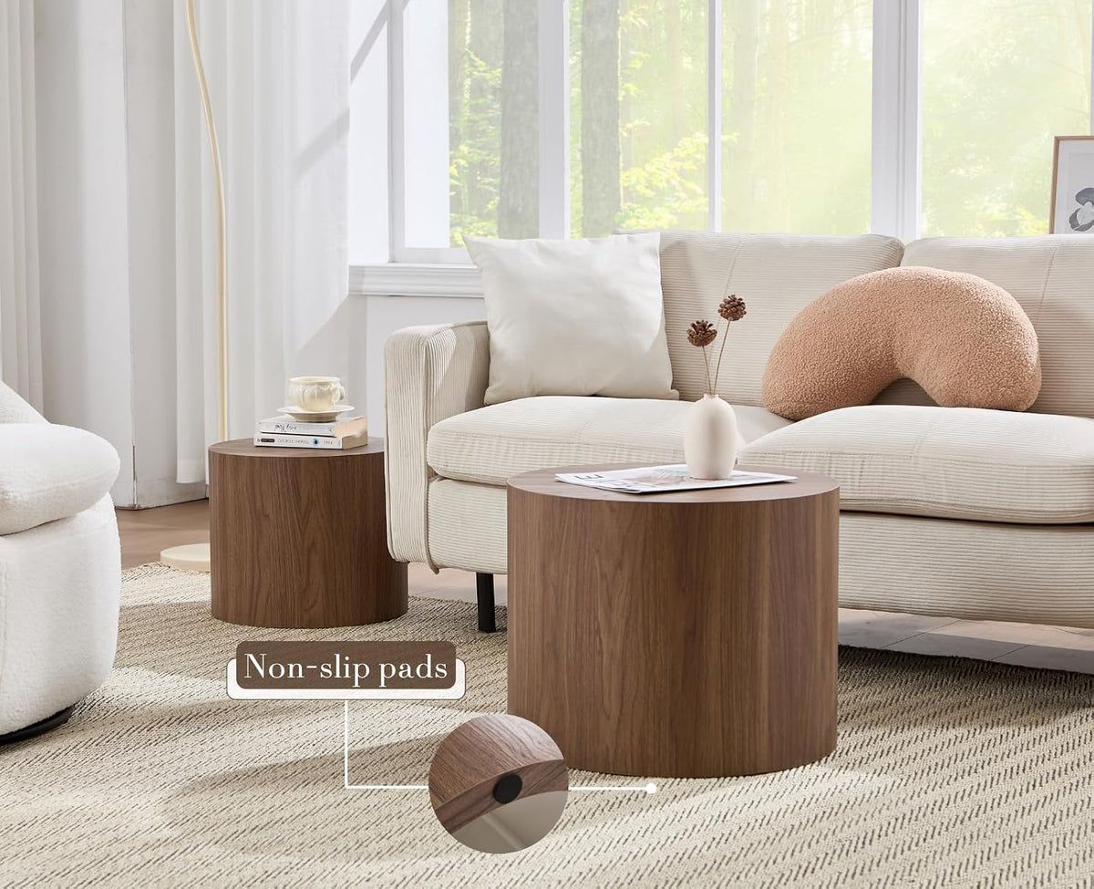 CIMOTA Round Wood Nesting Coffee Table Set of 2, Modern Circle Travertine End Side Table Sets for Living Room, Walnut Wooden Color/No Assembling