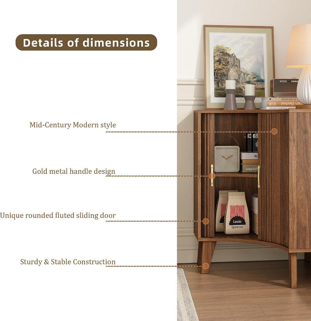 Fluted Corner Cabinet, Small Corner Floor Cabinet with 2-Sliding Doors and Adjustable Shelves, Freestanding Narrow Organizer for Small Space,Living Room, Dining RoomBathroom.Walnut