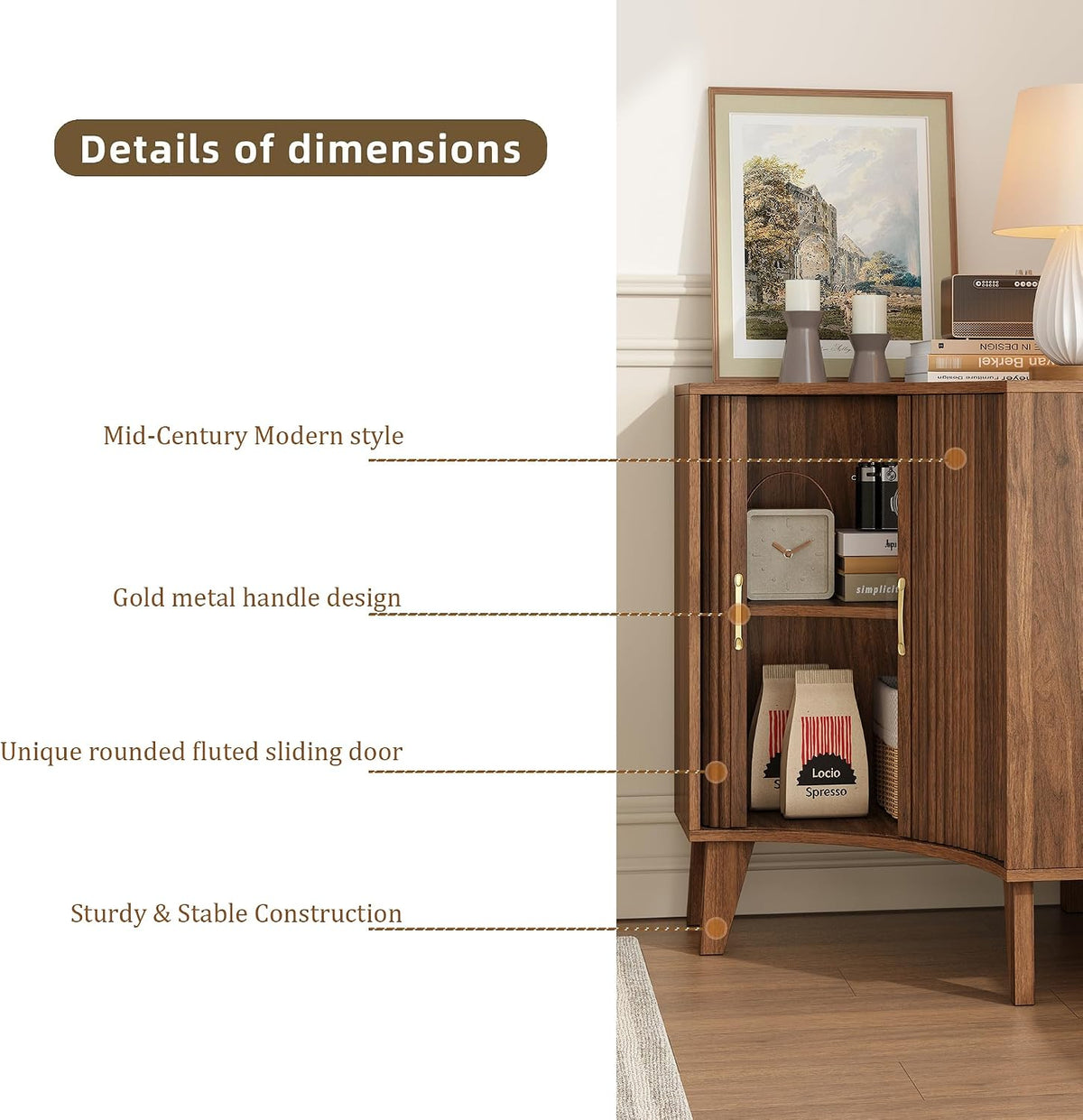 Fluted Corner Cabinet, Small Corner Floor Cabinet with 2-Sliding Doors and Adjustable Shelves, Freestanding Narrow Organizer for Small Space,Living Room, Dining RoomBathroom.Walnut