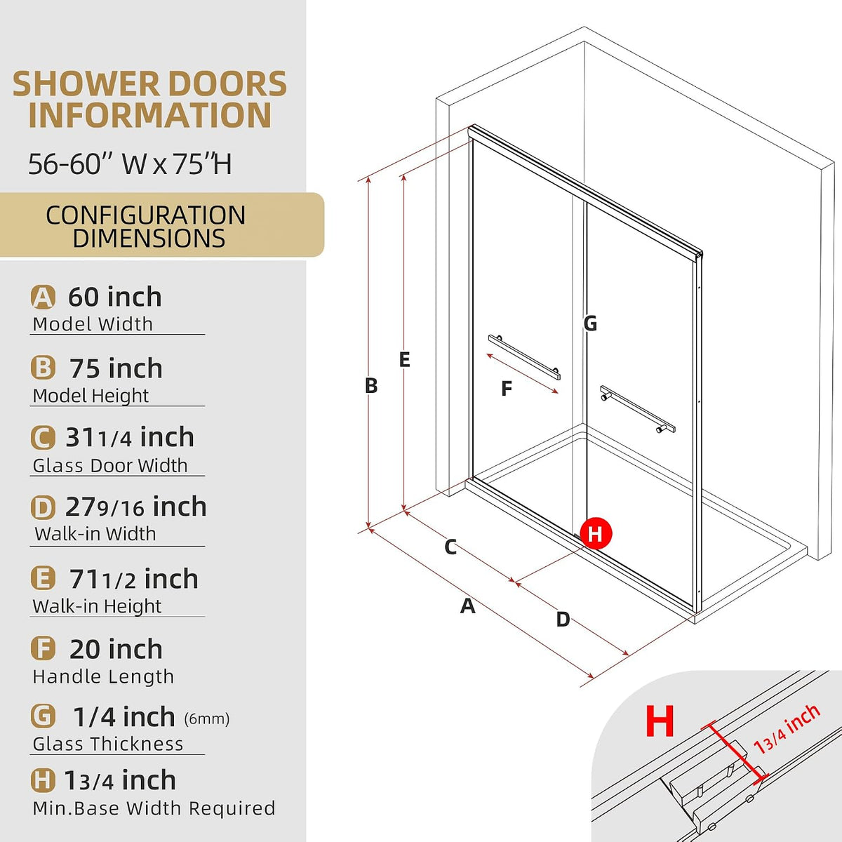 Shower Door 60' x 75' Double Sliding Bypass Framed Shower Door for Walk-in Bathroom Adjustable 56-60' Width Extra Tall Easy Install Clear Shower Glass Doors in Brushed Gold Frame