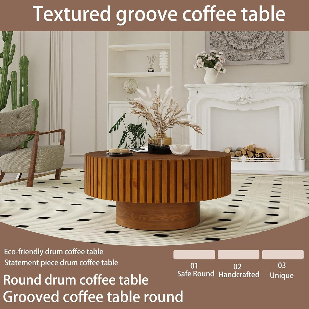 Modern Round Coffee Table for Living Room Drum Round Fluted Coffee Table Circular Pedestal Center Table for Office Patio (Round Wood)