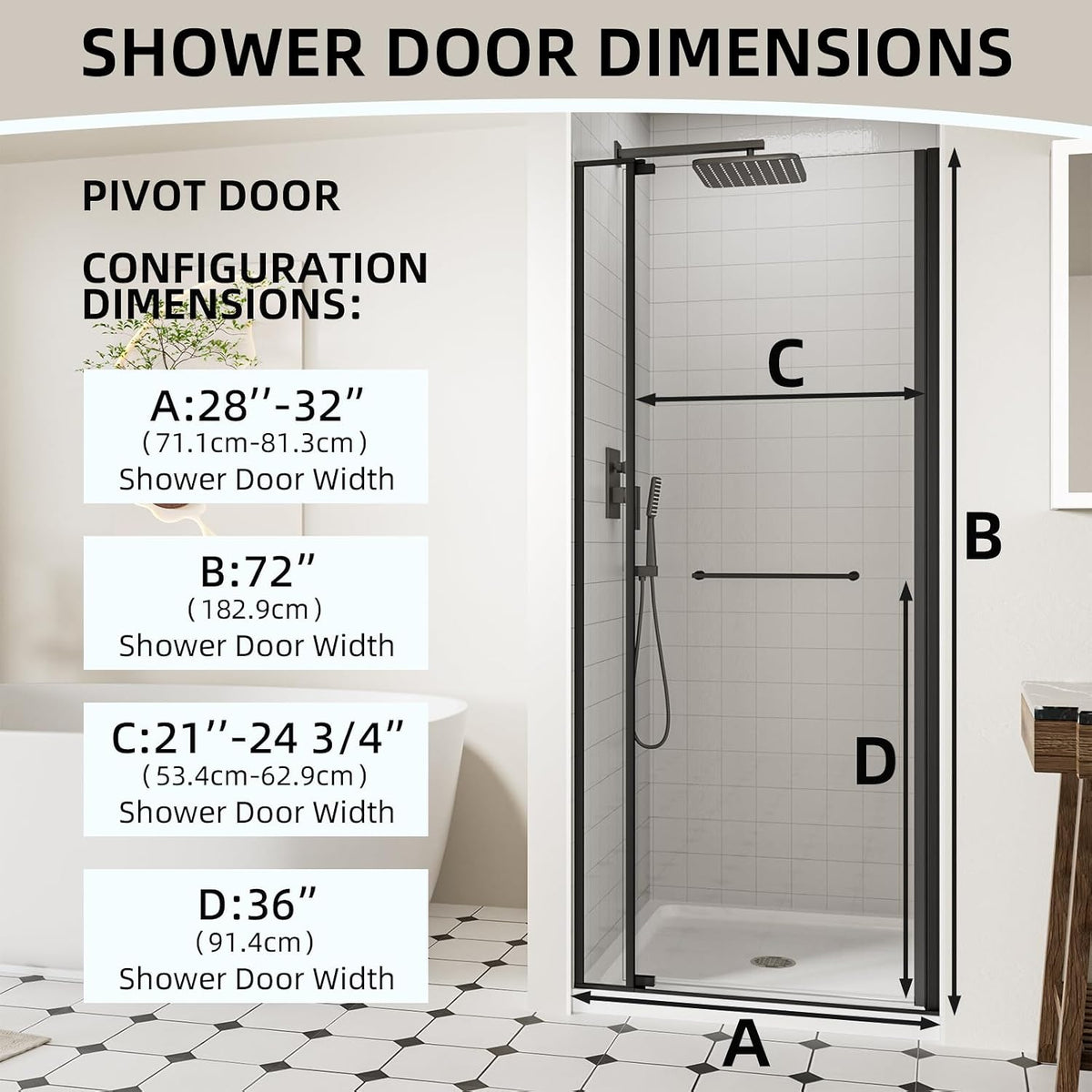 ACE DECOR 28-32' W x 72' H Frameless Pivot Shower Door, Pivot Swing Shower Glass Door with 1/4' (6mm) and 5/16' (8mm) Tempered Glass, Easy-Clean Coating, Matte Black Finish, Reversible Installation