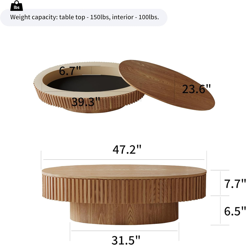 Oval Coffee Table for Living Room Modern Wood Center Tables with Storage Drum Tea Cocktail Fluted Mid Century Apartment Easy Assemble, Wood 31.5' D x 47.2' W x14.2 H