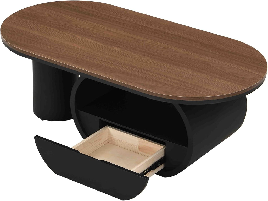 Oval Coffee Table, 47.24'' Modern Luxury Oval Decorative Coffee Center Table with Brown Wooden Top and Black Metal Base and 1 Drawer, Cocktail Tea Table for Living Room Apartment