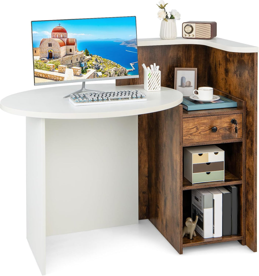 Reception Desk, Small Retail Checkout Counter with Lockable Drawer and Open Shelves, Wooden Front Desk Reception Counter, Oval Desktop & L Counter for Store Office Lobby Salon (Brown)