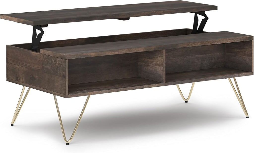 SIMPLIHOME Hunter SOLID MANGO WOOD and Metal 48 Inch Wide Rectangle Industrial Lift Top Coffee Table in Ebony, For the Living Room and Family Room
