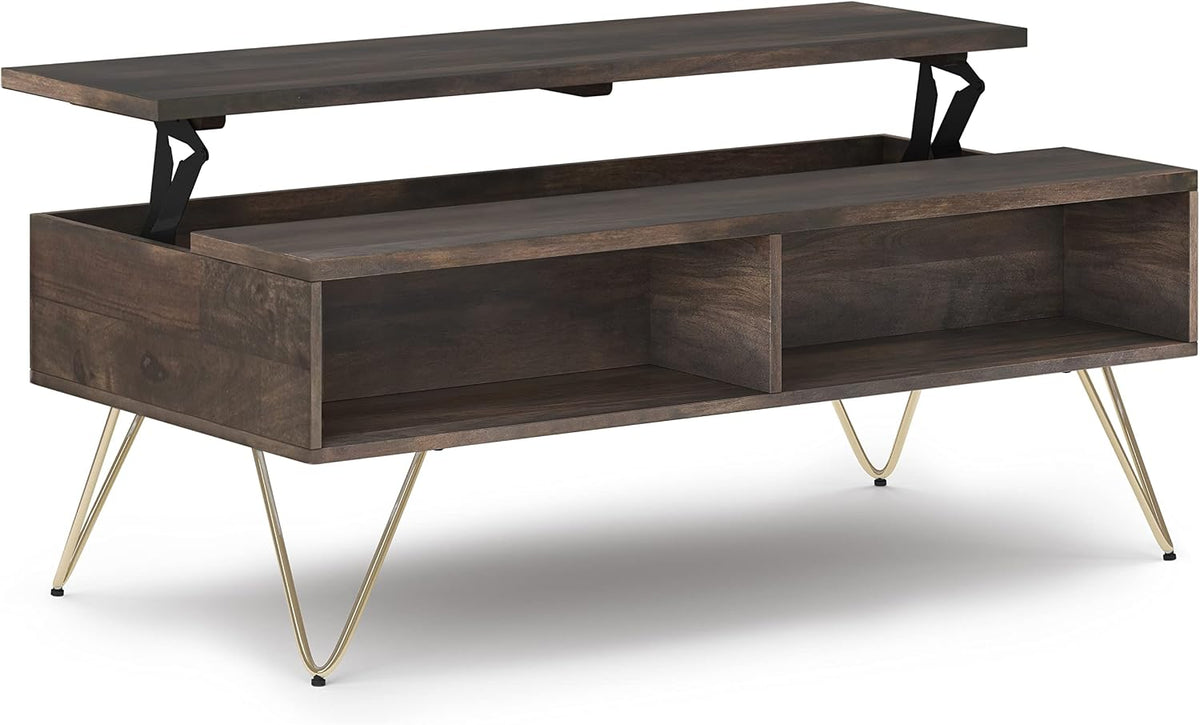 SIMPLIHOME Hunter SOLID MANGO WOOD and Metal 48 Inch Wide Rectangle Industrial Lift Top Coffee Table in Ebony, For the Living Room and Family Room