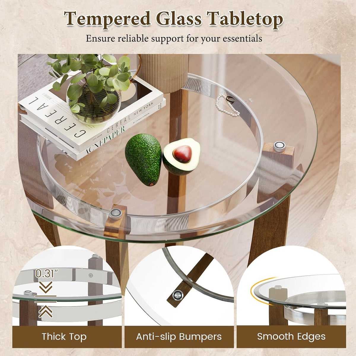 GOFLAME Glass End Table Set of 2, 24' Round Sofa Side Table with Solid Rubber Wood Frame, Tempered Glass Top, Cross Base, Modern Circle Coffee Table for Living Room, Bedroom, Apartment, Walnut