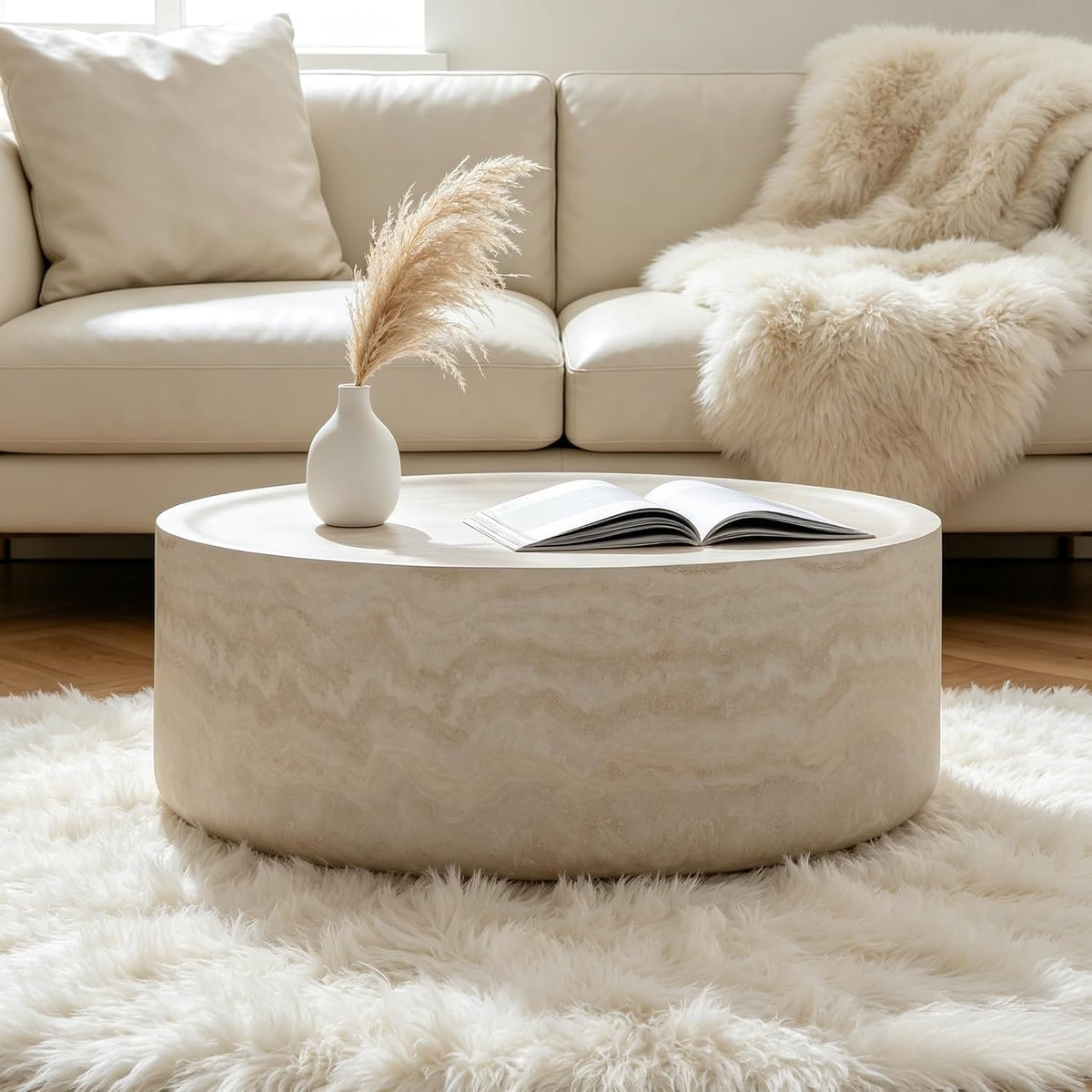 35 inch Round Coffee Table Marble Faux Pattern for Living Room Small Modern Stone Low Coffee Tables Drum Center Apartment No Assembly Required
