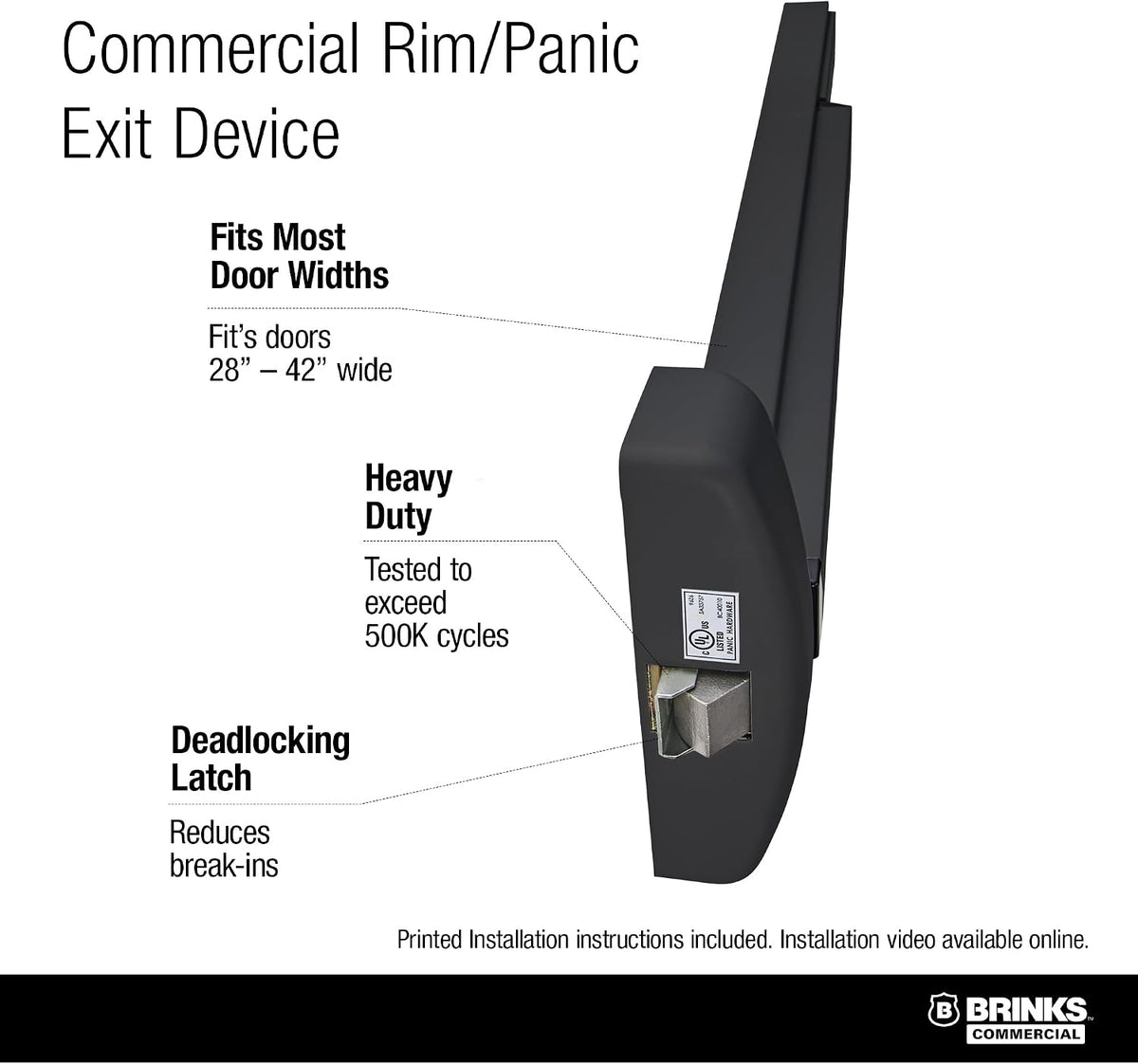 Brinks Commercial Rim Panic Exit Device, Matte Black - UL Listed Emergency Exit Hardware for Commercial Doors