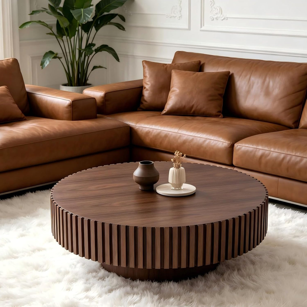KEVINSPACE Round Coffee Table, 39' Big Wooden Fluted Coffee Table with Fluted Base, Circle Accent Center Table for Living Room Apartment Office Small Space, Easy Assembly, Walnut