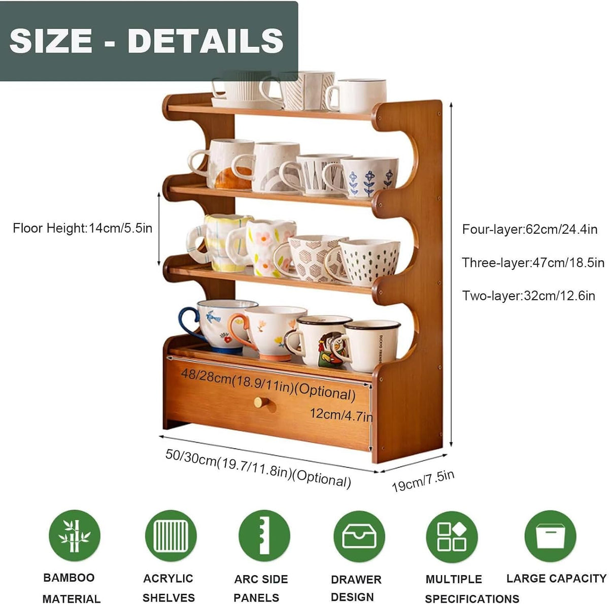 Coffee Mug Holder Bamboo Cup Rack, 4-Tier with Drawer Acrylic Home Display Rack for Kitchen Countertops, Coffee Bars, for Placing Mugs, Syrup, Cups, Stirrers