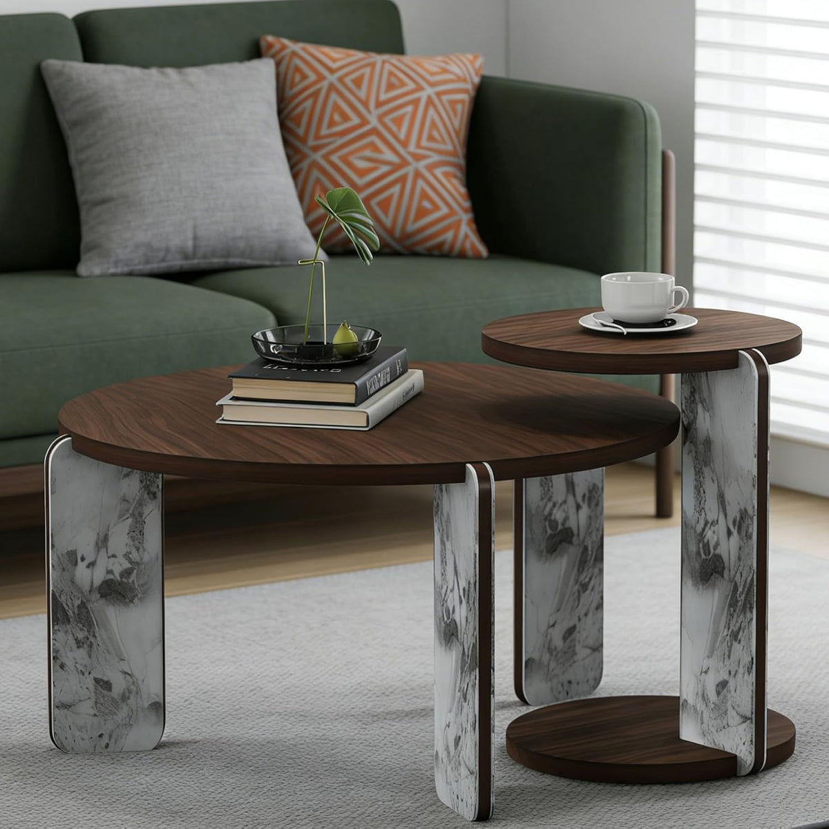 Modern Nesting Coffee Table Set of 2, 2-Piece Modern 32.68' & 16.93' Round Living Table Set with Walnut Veneer Surface 25mm MDF and Sintered Stone Legs for Living Room