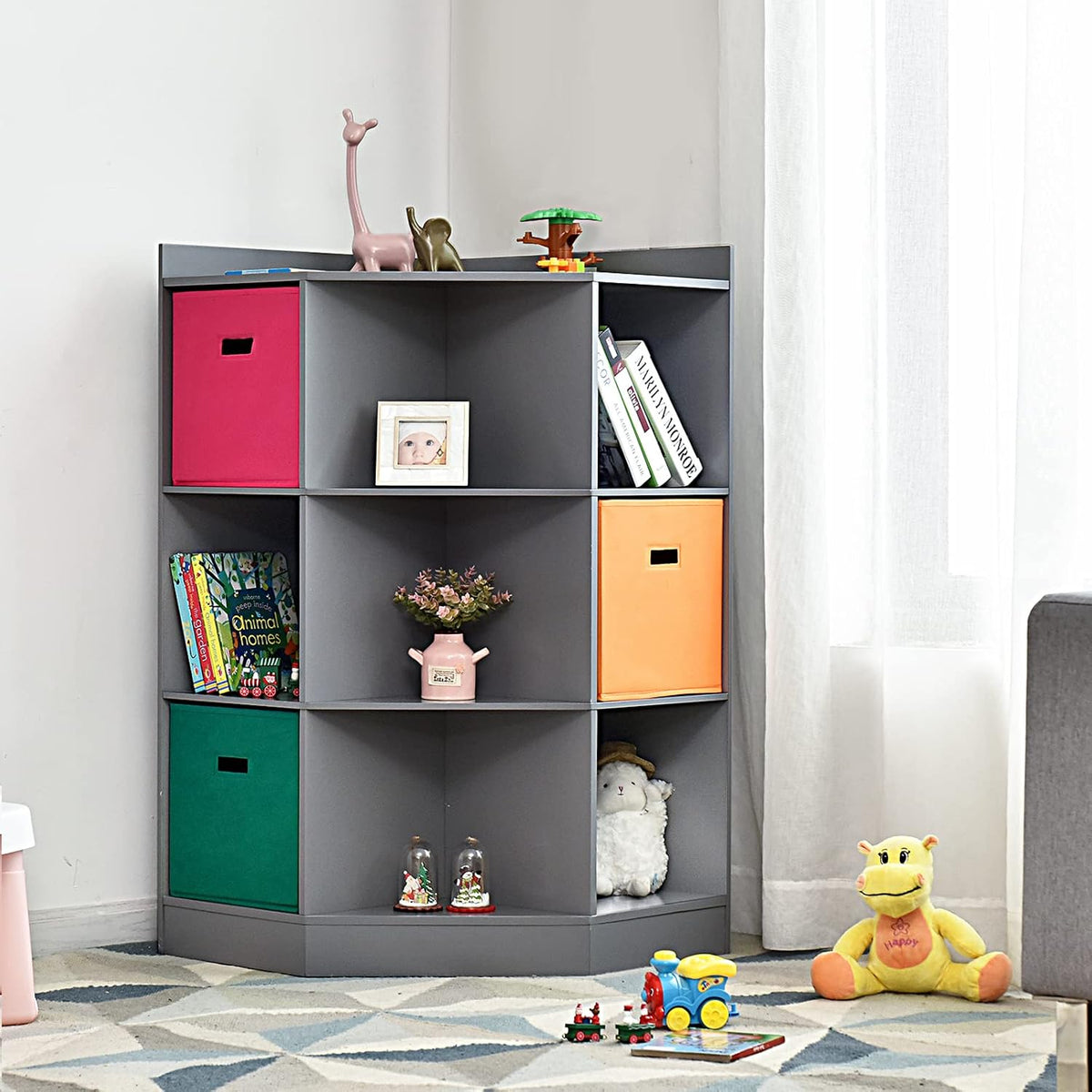 HONEY JOY Kids Toy Storage Organizer, 9-Cubby Toy Bin Organization Storage Cabinet w/Display Shelf & 3 Removable Basket, Wooden Corner Storage Unit for Playroom, Kids Bedroom, Nursery Daycare(Gray)