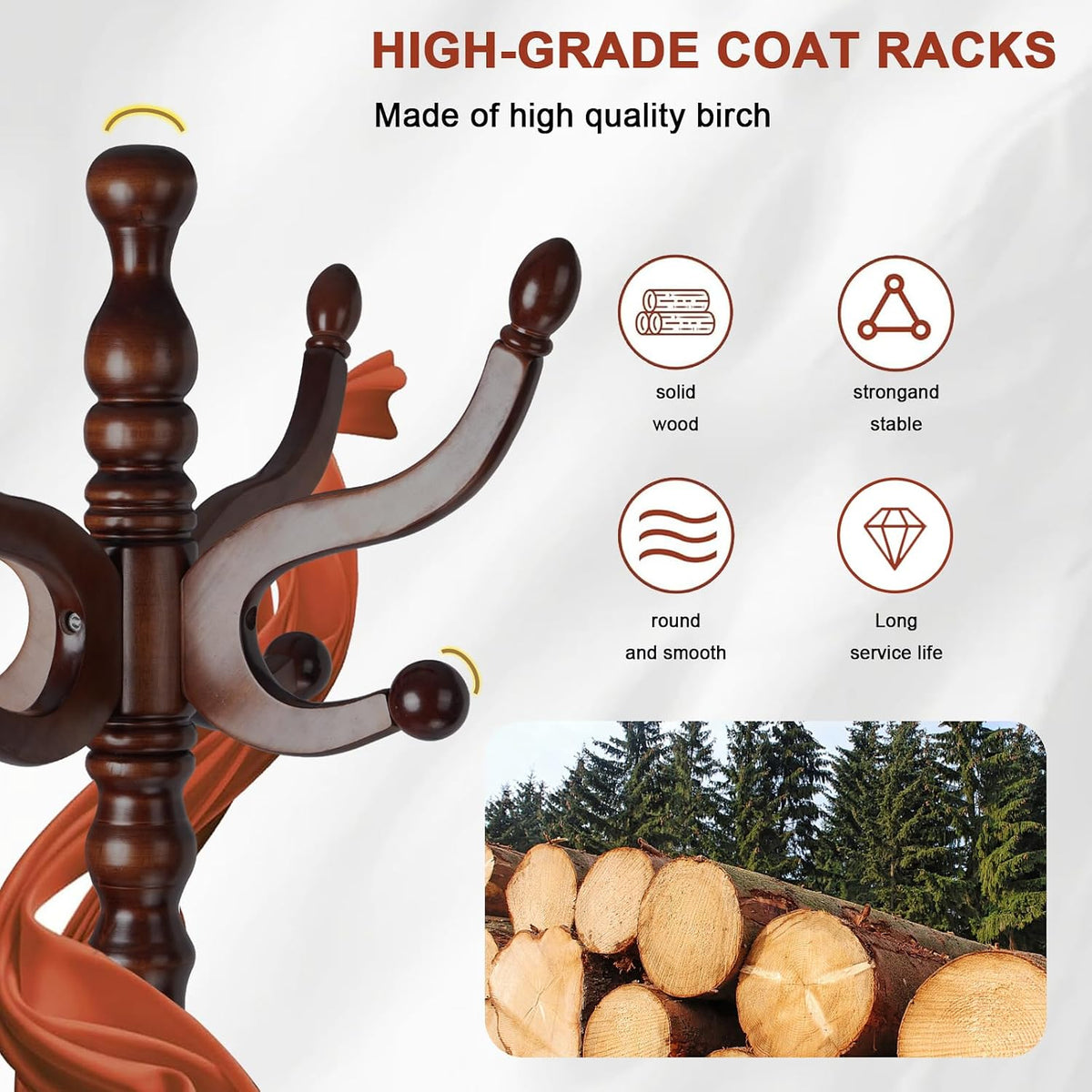 Wooden Coat rack freestanding, Coat racks stand with 11 Hook, Heavy duty coat tree standing 2 Adjustable Heights for Bedroom, Entryway, Hallway, Office,Stury Base (Brown disc)