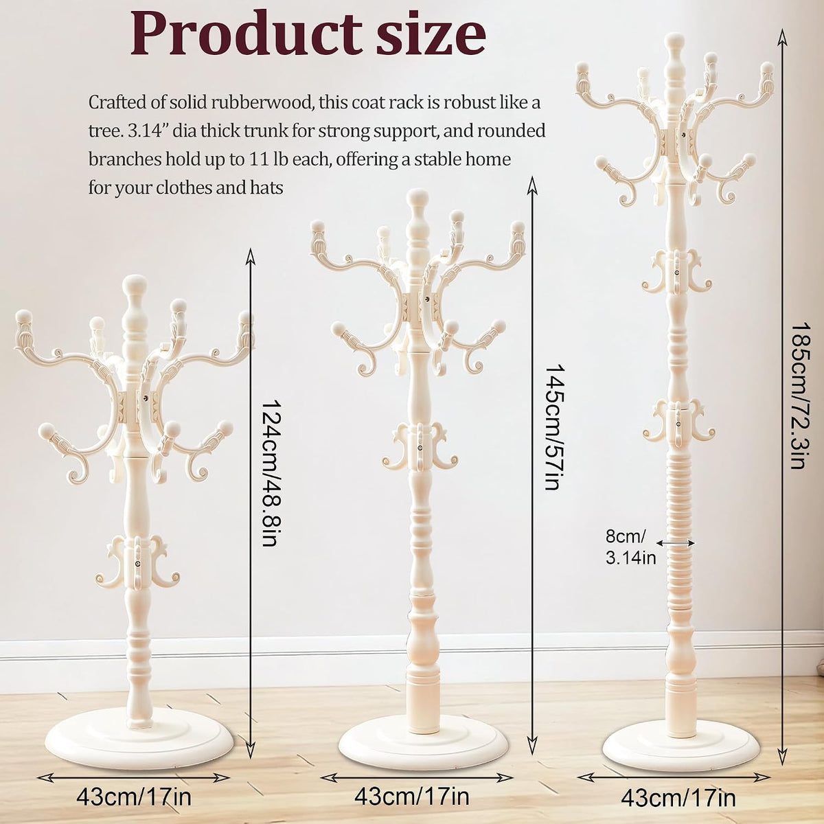 Wooden Vintage Coat Rack Freestanding,Coat Rack Stand With 18 Hooks And Sturdy Round Solid Wood Base，Three-level Adjustable for Bedroom, Living Room, Entrance and Office(Retro White, 1 PCS)