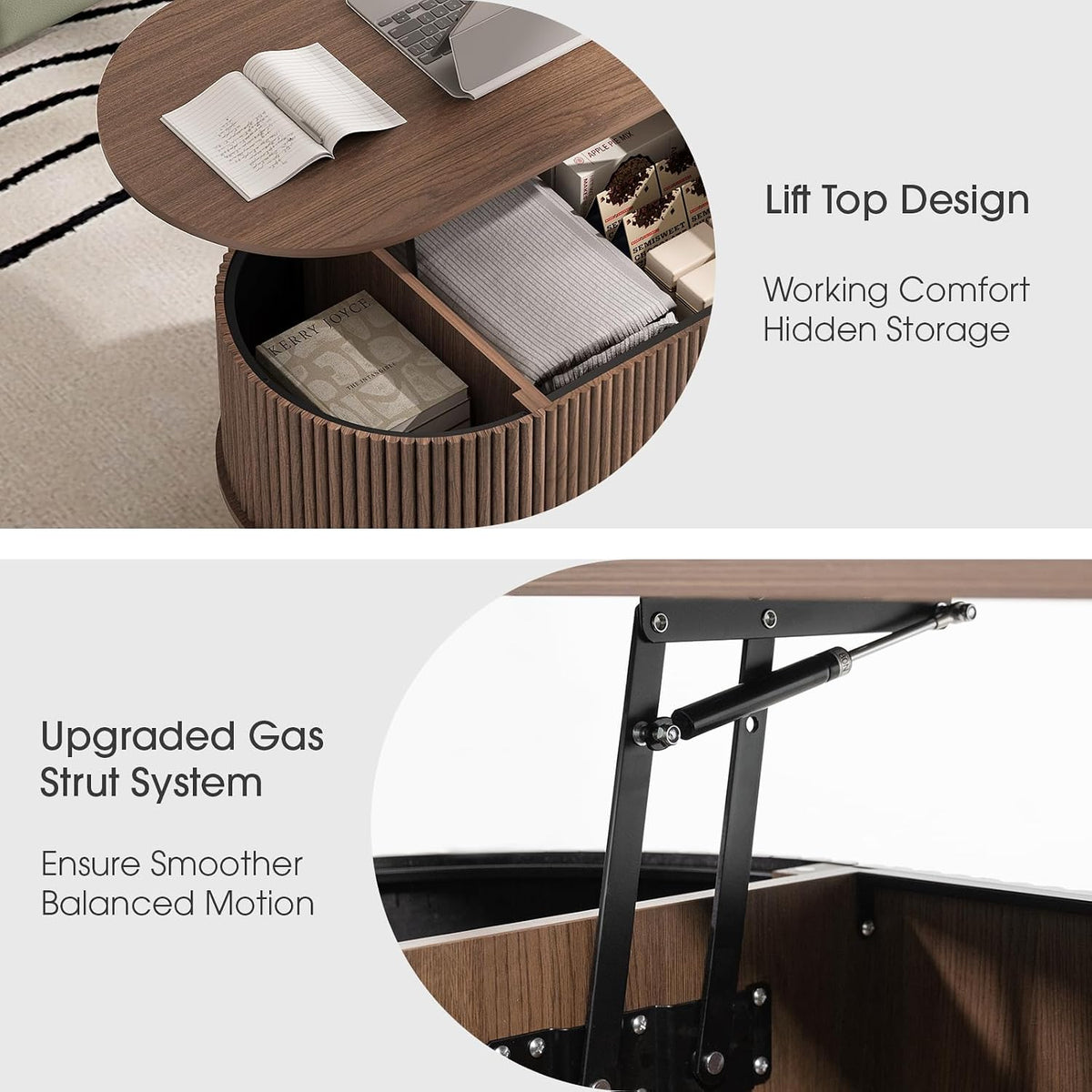 SULIVES Oval Coffee Table with Storage, Multifunctional Lift Top Drum Coffee Table, Small Fluted Center Table for Living Room, Walnut