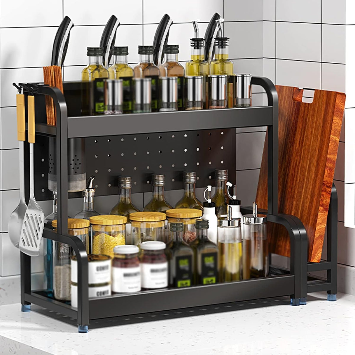 Spice Rack Black Spice Racks, Kitchen Countertop Organizer Corner Shelf,3 Tier Spice Rack Kitchen Shelf Organizer Rack, Stainless Steel Spice Storage Rack with,Black Two Layers-50CM