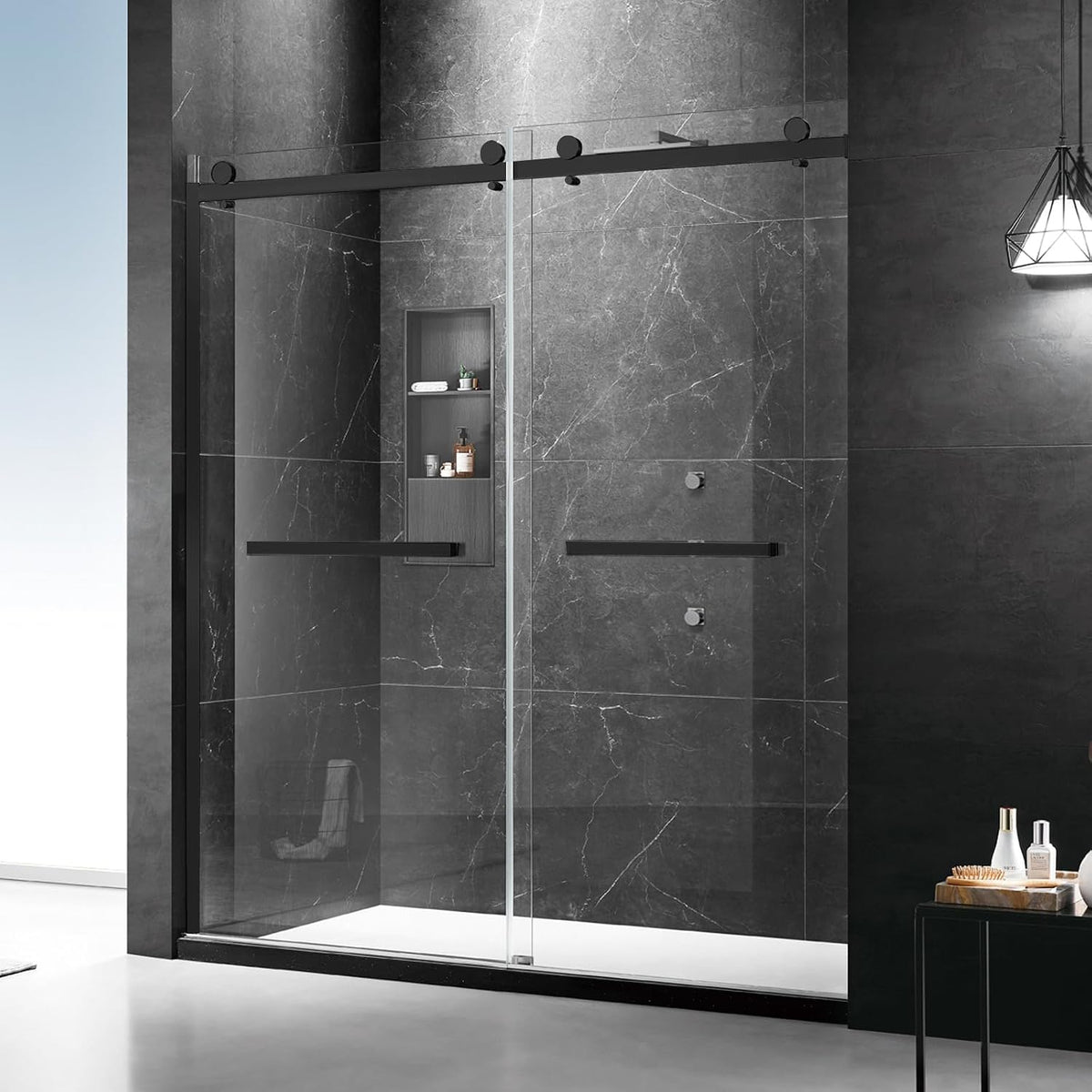 Milano Double Sliding Shower Door, 44-48 in.W x 74 in.H Framed Shower Door 5/16'(8mm) Clear Tempered Glass, 18 inch Pull Handle, Stainless Steel Hardware, Matte Black Finished